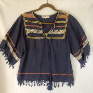 Rocks & Indigo Colorful Tunic, Lace Insets, Drawstring, Fringe, Women's Blouse M